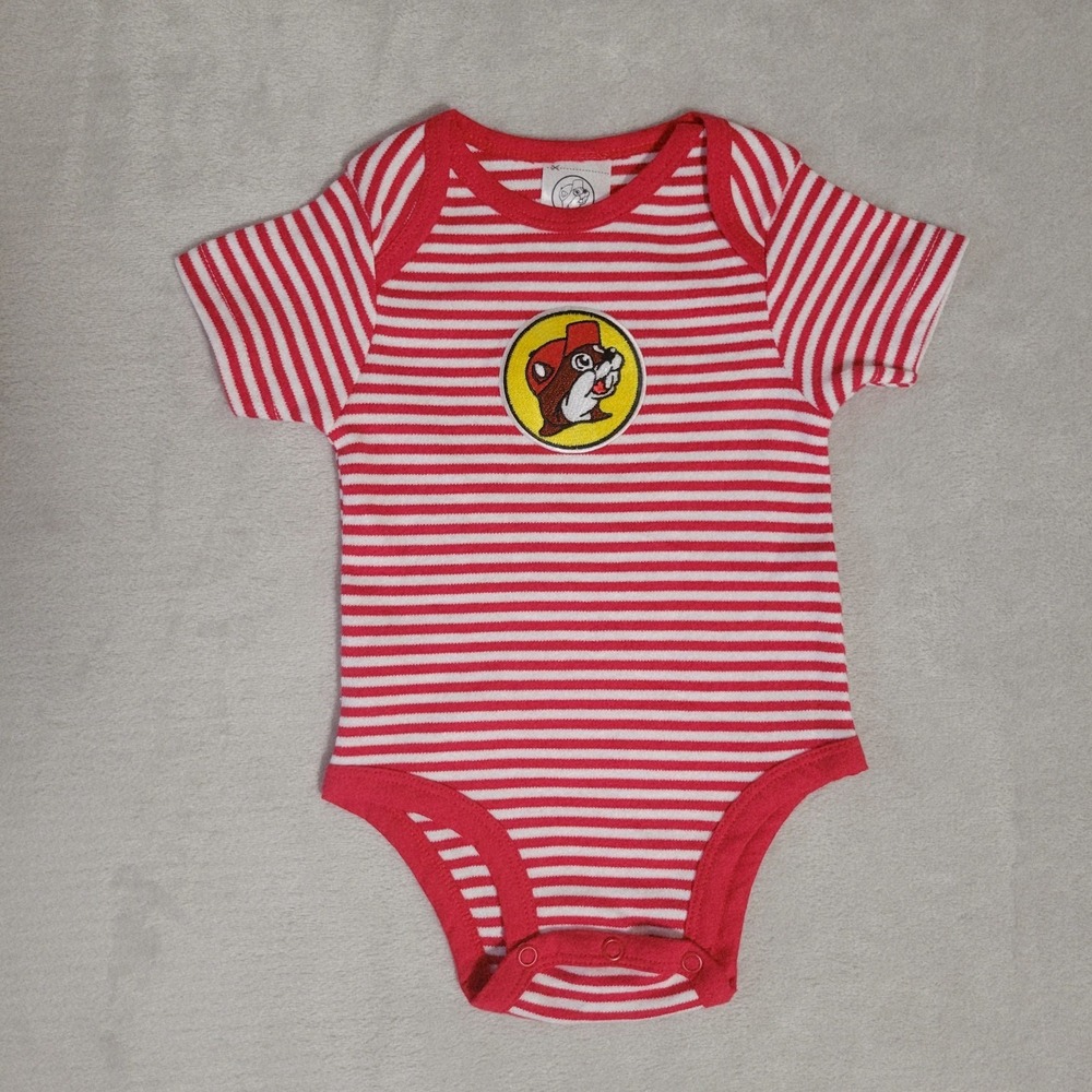 NWOT Buc-ees One Piece Baby Infant Romper 9m Red Stripe Beaver